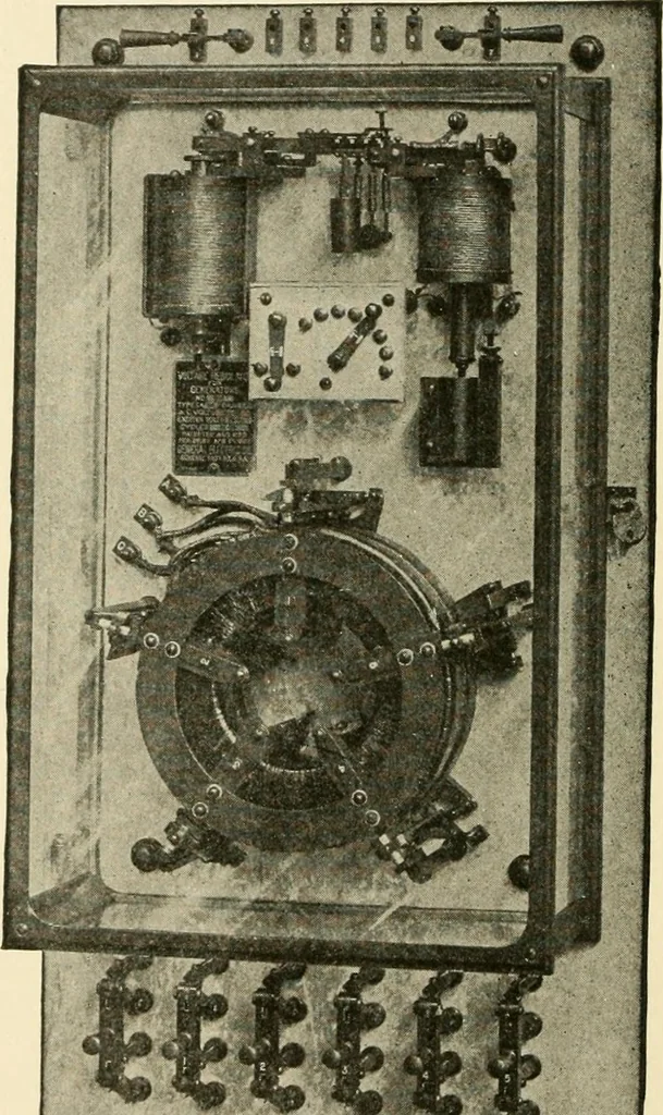 An illustration from Cyclopedia of applied electricity : a general reference work on direct-current generators and motors, storage batteries, electrochemistry, welding, electric wiring, meters, electric lighting, electric railways, power stations, switchboards, power transmission, alternating-current machinery, telegraphy, etc., 1916, leaf 47