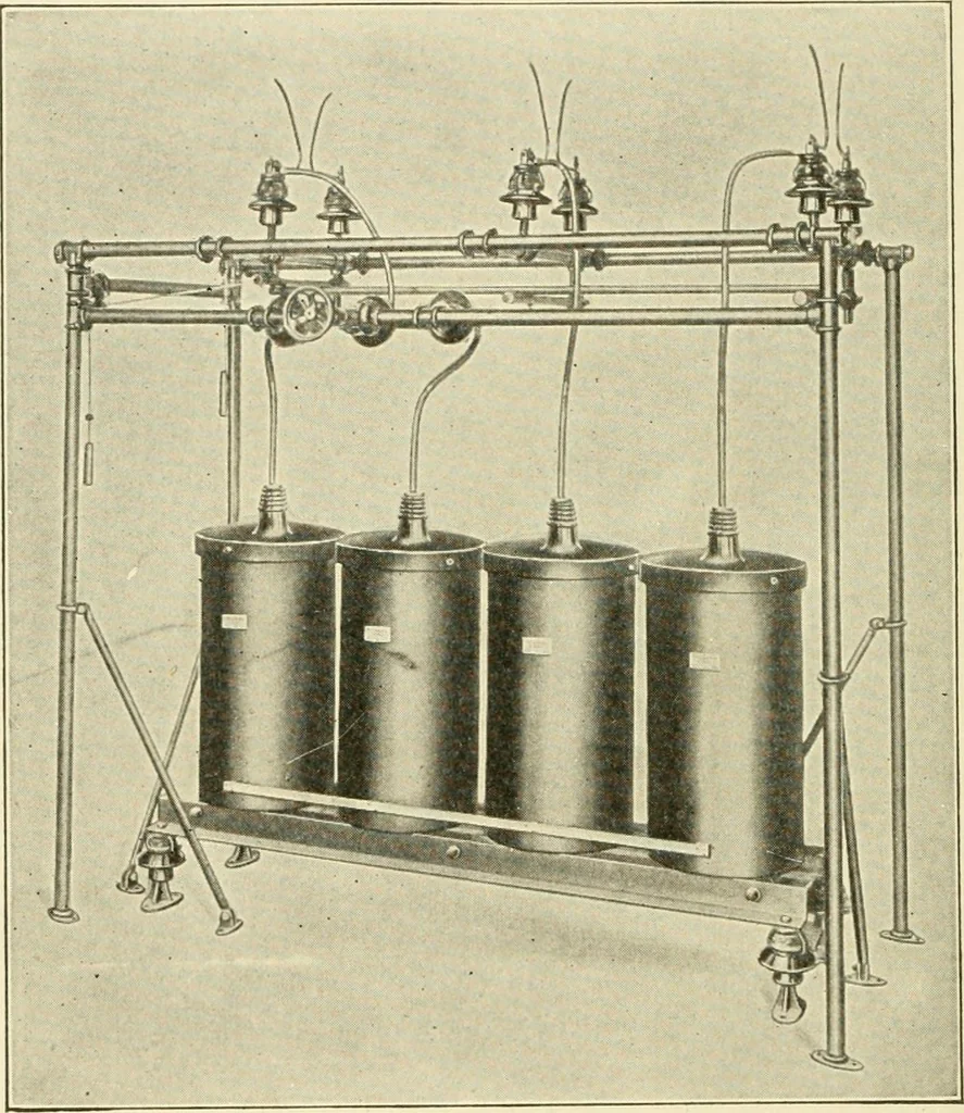 An illustration from Cyclopedia of applied electricity : a general reference work on direct-current generators and motors, storage batteries, electrochemistry, welding, electric wiring, meters, electric lighting, electric railways, power stations, switchboards, power transmission, alternating-current machinery, telegraphy, etc., 1916, leaf 231