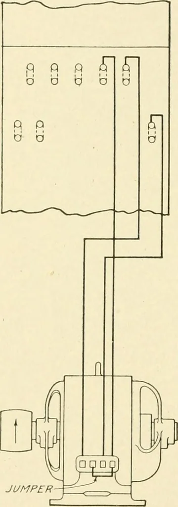 An illustration from Cyclopedia of applied electricity : a general reference work on direct-current generators and motors, storage batteries, electrochemistry, welding, electric wiring, meters, electric lighting, electric railways, power stations, switchboards, power transmission, alternating-current machinery, telegraphy, etc., 1916, leaf 325