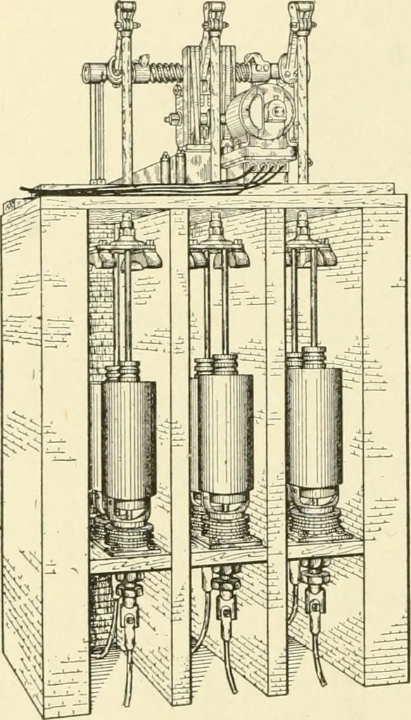 An illustration from Cyclopedia of applied electricity : a general reference work on direct-current generators and motors, storage batteries, electrochemistry, welding, electric wiring, meters, electric lighting, electric railways, power stations, switchboards, power transmission, alternating-current machinery, telegraphy, etc., 1916, leaf 83