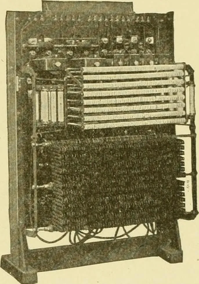 An illustration from Cyclopedia of applied electricity : a general reference work on direct-current generators and motors, storage batteries, electrochemistry, welding, electric wiring, meters, electric lighting, electric railways, power stations, switchboards, power transmission, alternating-current machinery, telegraphy, etc., 1916, leaf 254