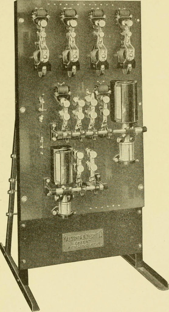 An illustration from Cyclopedia of applied electricity : a general reference work on direct-current generators and motors, storage batteries, electrochemistry, welding, electric wiring, meters, electric lighting, electric railways, power stations, switchboards, power transmission, alternating-current machinery, telegraphy, etc., 1916, leaf 264