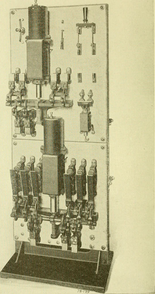 An illustration from Cyclopedia of applied electricity : a general reference work on direct-current generators and motors, storage batteries, electrochemistry, welding, electric wiring, meters, electric lighting, electric railways, power stations, switchboards, power transmission, alternating-current machinery, telegraphy, etc., 1916, leaf 279