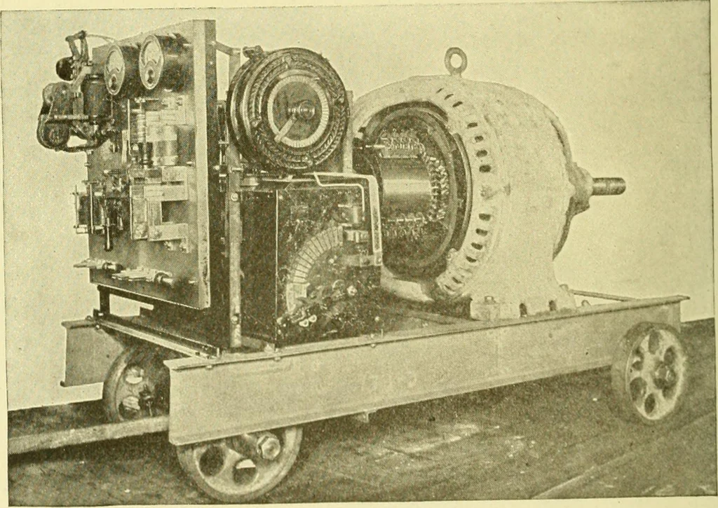 An illustration from Cyclopedia of applied electricity : a general reference work on direct-current generators and motors, storage batteries, electrochemistry, welding, electric wiring, meters, electric lighting, electric railways, power stations, switchboards, power transmission, alternating-current machinery, telegraphy, etc., 1916, leaf 385