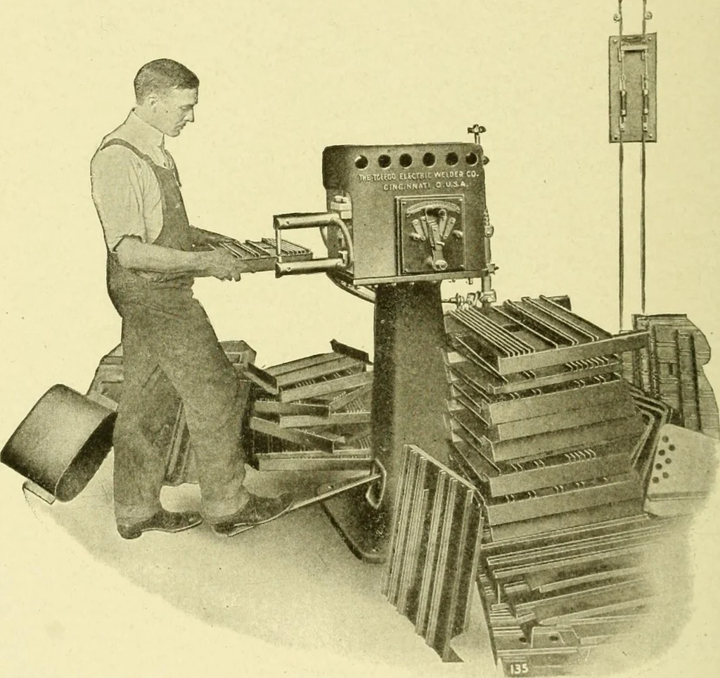 An illustration from Cyclopedia of applied electricity : a general reference work on direct-current generators and motors, storage batteries, electrochemistry, welding, electric wiring, meters, electric lighting, electric railways, power stations, switchboards, power transmission, alternating-current machinery, telegraphy, etc., 1916, leaf 421