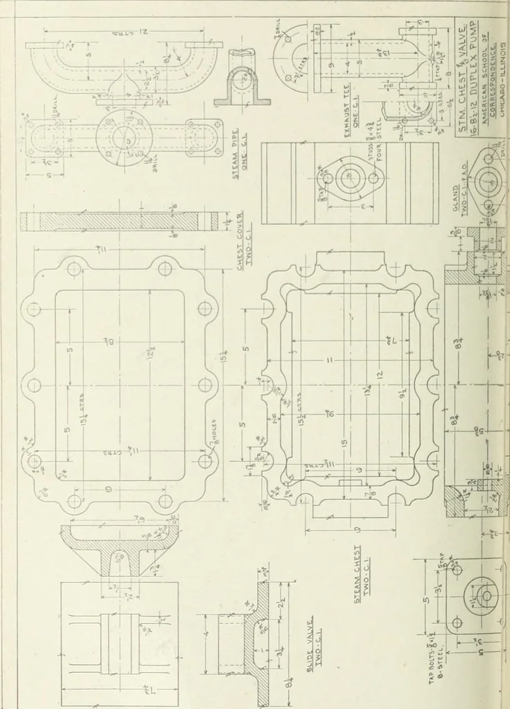 An illustration from Cyclopedia of mechanical engineering; a general reference work. Editor-in-chief Howard Monroe Raymond. Assisted by a corps of mechanical engineers, technical experts, and designers of the highest professional standing, 1908, leaf 165