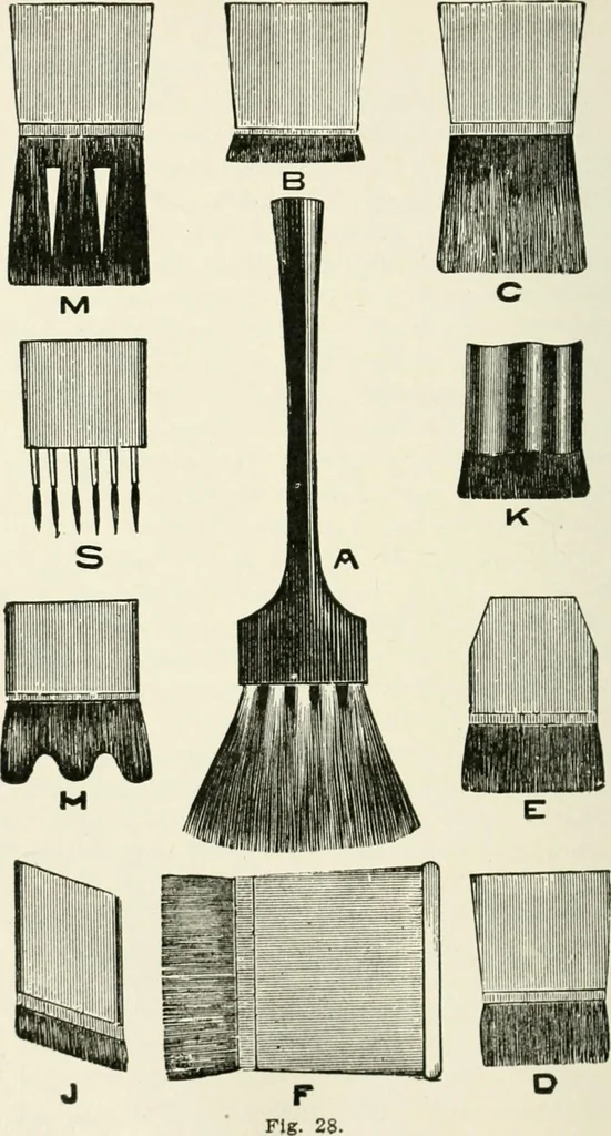 An illustration from Cyclopedia of painting : containing useful and valuable information on the following subjects : adulteration of paint, blistering of paint, brushes, calcimining, carriage painting, china painting, colors, color harmony, color mixing, color testing, exterior painting, gilding, graining, house painting, marbling, mildew, oils and driers, oil painting on glass, painting a bath tub, painting in distemper, paperhanger's tools, paperhanging, pigments, plain oil painting, primary colors, priming, scenic painting, sign painting, stains, staining, stencilling, turpentine, varnishes, varnishing, water color painting, when not to paint, practical points on painting, useful information, 1908, leaf 190