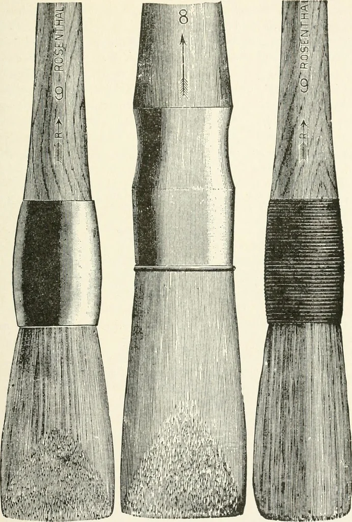 An illustration from Cyclopedia of painting : containing useful and valuable information on the following subjects : adulteration of paint, blistering of paint, brushes, calcimining, carriage painting, china painting, colors, color harmony, color mixing, color testing, exterior painting, gilding, graining, house painting, marbling, mildew, oils and driers, oil painting on glass, painting a bath tub, painting in distemper, paperhanger's tools, paperhanging, pigments, plain oil painting, primary colors, priming, scenic painting, sign painting, stains, staining, stencilling, turpentine, varnishes, varnishing, water color painting, when not to paint, practical points on painting, useful information, 1908, leaf 41