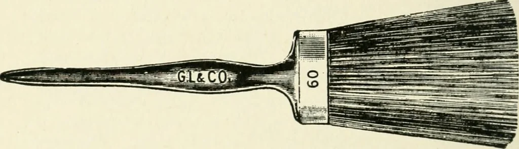 An illustration from Cyclopedia of painting : containing useful and valuable information on the following subjects : adulteration of paint, blistering of paint, brushes, calcimining, carriage painting, china painting, colors, color harmony, color mixing, color testing, exterior painting, gilding, graining, house painting, marbling, mildew, oils and driers, oil painting on glass, painting a bath tub, painting in distemper, paperhanger's tools, paperhanging, pigments, plain oil painting, primary colors, priming, scenic painting, sign painting, stains, staining, stencilling, turpentine, varnishes, varnishing, water color painting, when not to paint, practical points on painting, useful information, 1908, leaf 46