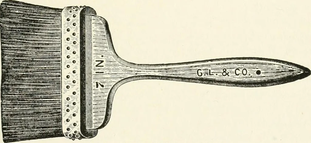 An illustration from Cyclopedia of painting : containing useful and valuable information on the following subjects : adulteration of paint, blistering of paint, brushes, calcimining, carriage painting, china painting, colors, color harmony, color mixing, color testing, exterior painting, gilding, graining, house painting, marbling, mildew, oils and driers, oil painting on glass, painting a bath tub, painting in distemper, paperhanger's tools, paperhanging, pigments, plain oil painting, primary colors, priming, scenic painting, sign painting, stains, staining, stencilling, turpentine, varnishes, varnishing, water color painting, when not to paint, practical points on painting, useful information, 1908, leaf 55