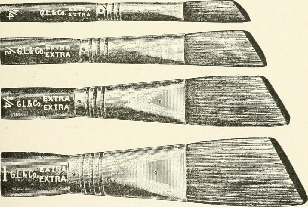 An illustration from Cyclopedia of painting : containing useful and valuable information on the following subjects : adulteration of paint, blistering of paint, brushes, calcimining, carriage painting, china painting, colors, color harmony, color mixing, color testing, exterior painting, gilding, graining, house painting, marbling, mildew, oils and driers, oil painting on glass, painting a bath tub, painting in distemper, paperhanger's tools, paperhanging, pigments, plain oil painting, primary colors, priming, scenic painting, sign painting, stains, staining, stencilling, turpentine, varnishes, varnishing, water color painting, when not to paint, practical points on painting, useful information, 1908, leaf 83