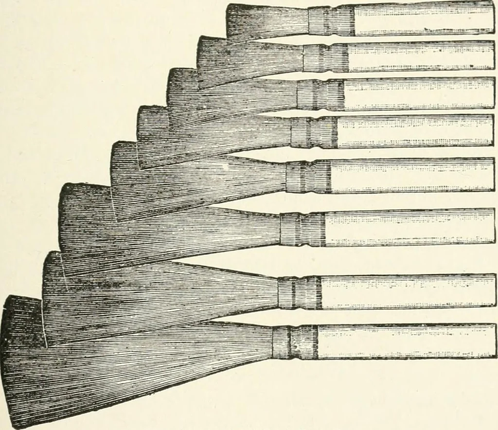 An illustration from Cyclopedia of painting : containing useful and valuable information on the following subjects : adulteration of paint, blistering of paint, brushes, calcimining, carriage painting, china painting, colors, color harmony, color mixing, color testing, exterior painting, gilding, graining, house painting, marbling, mildew, oils and driers, oil painting on glass, painting a bath tub, painting in distemper, paperhanger's tools, paperhanging, pigments, plain oil painting, primary colors, priming, scenic painting, sign painting, stains, staining, stencilling, turpentine, varnishes, varnishing, water color painting, when not to paint, practical points on painting, useful information, 1908, leaf 89