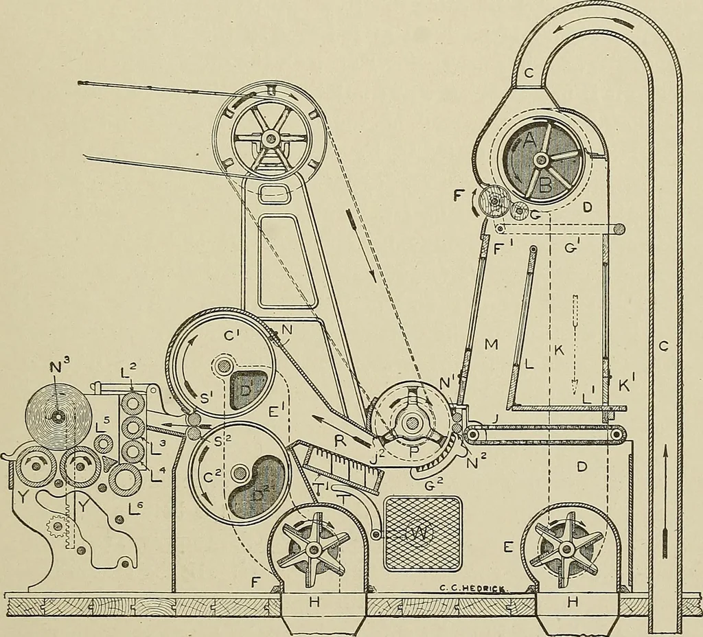 An illustration from Cyclopedia of textile work : a general reference library on cotton, woolen and worsted yarn manufacture, weaving, designing, chemistry and dyeing, finishing, knitting, and allied subjects, 1911, leaf 61