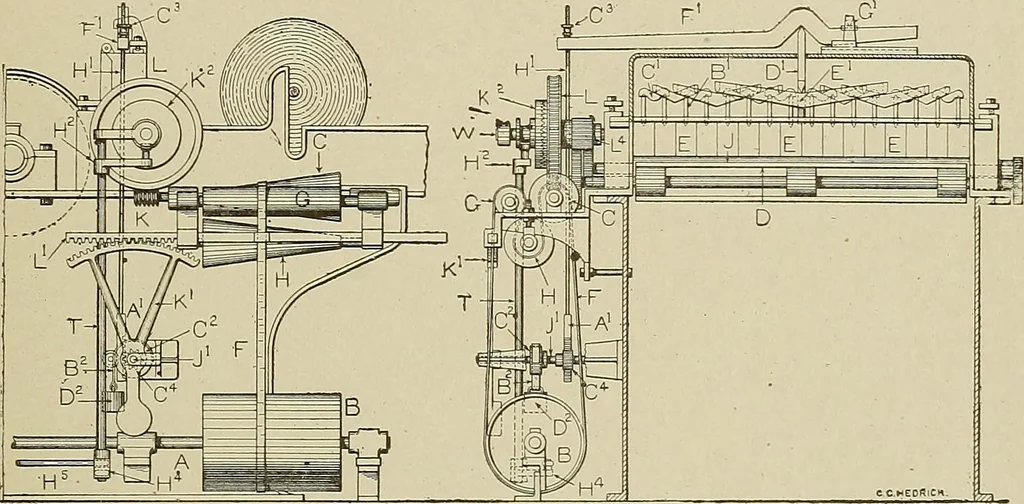 An illustration from Cyclopedia of textile work : a general reference library on cotton, woolen and worsted yarn manufacture, weaving, designing, chemistry and dyeing, finishing, knitting, and allied subjects, 1911, leaf 93