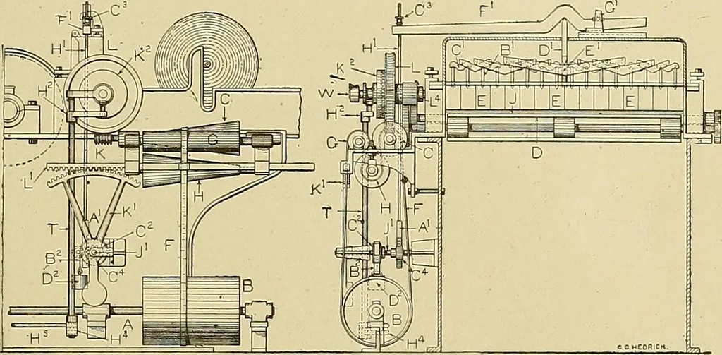 An illustration from Cyclopedia of textile work; a general reference library on cotton, woolen and worsted yarn manufacture, weaving, designing, chemistry and dyeing, finishing, knitting, and allied subjects, 1911, leaf 93