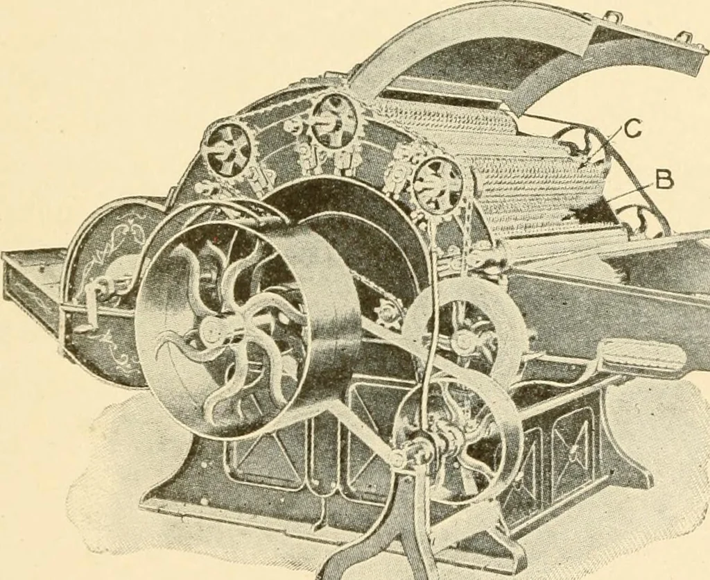 An illustration from Cyclopedia of textile work : a general reference library on cotton, woollen and worsted yarn manufacture, weaving, designing, chemistry and dyeing, finishing, knitting, and allied subjects, 1907, leaf 105