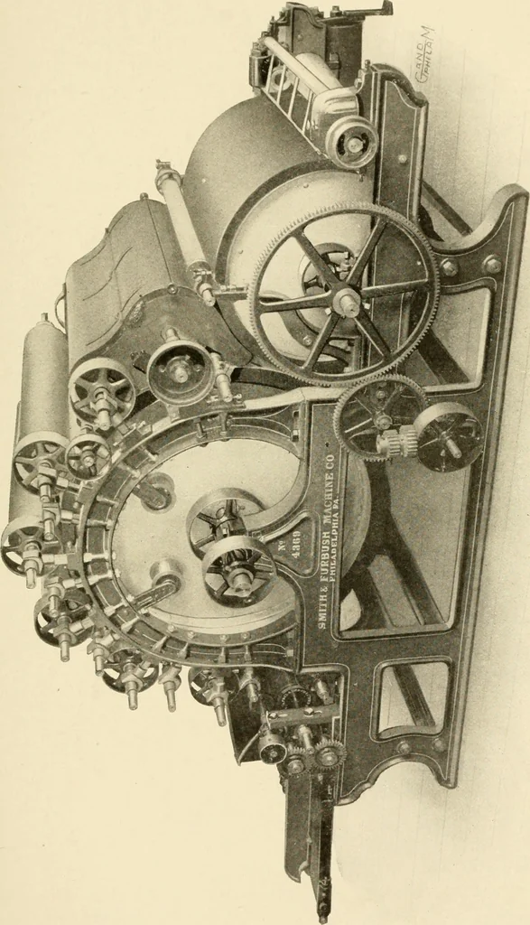 An illustration from Cyclopedia of textile work : a general reference library on cotton, woollen and worsted yarn manufacture, weaving, designing, chemistry and dyeing, finishing, knitting, and allied subjects, 1907, leaf 143