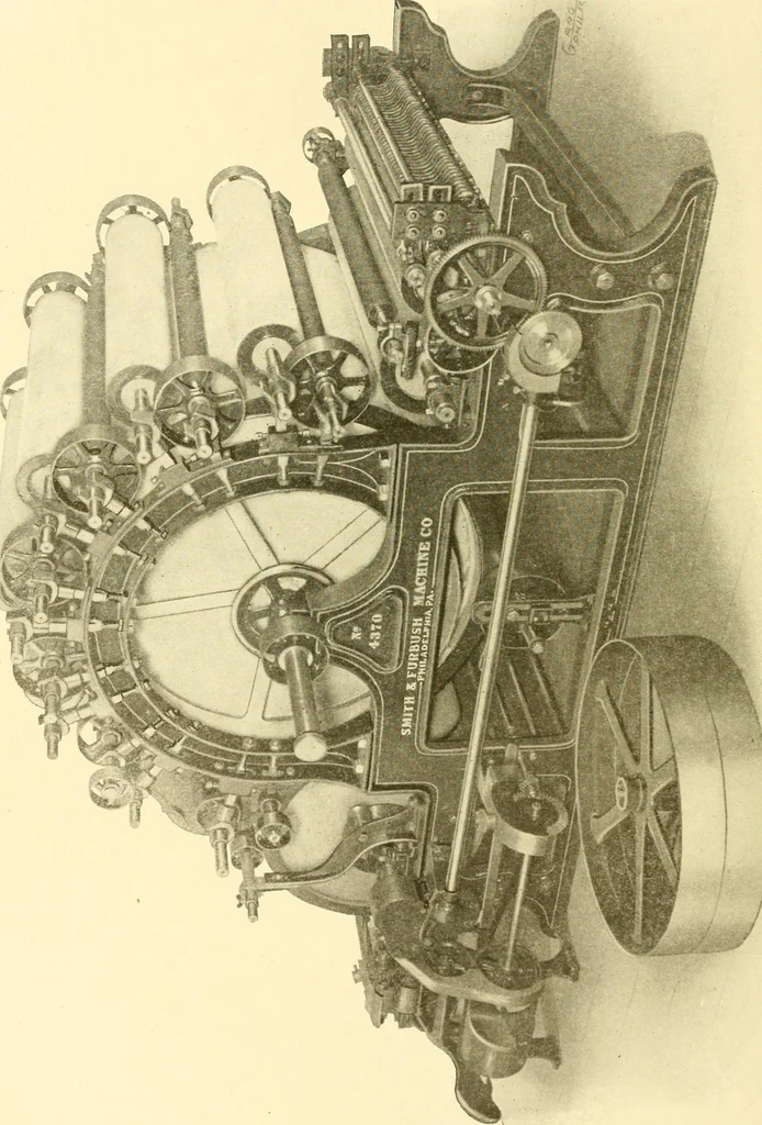 An illustration from Cyclopedia of textile work : a general reference library on cotton, woollen and worsted yarn manufacture, weaving, designing, chemistry and dyeing, finishing, knitting, and allied subjects, 1907, leaf 148