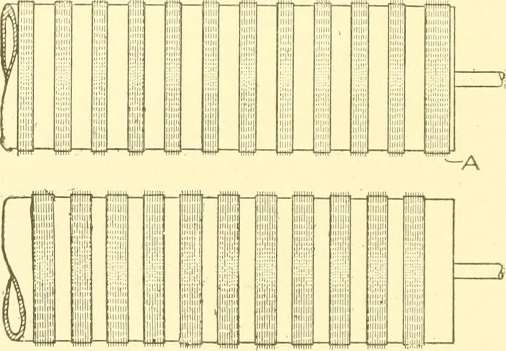 An illustration from Cyclopedia of textile work : a general reference library on cotton, woollen and worsted yarn manufacture, weaving, designing, chemistry and dyeing, finishing, knitting, and allied subjects, 1907, leaf 150