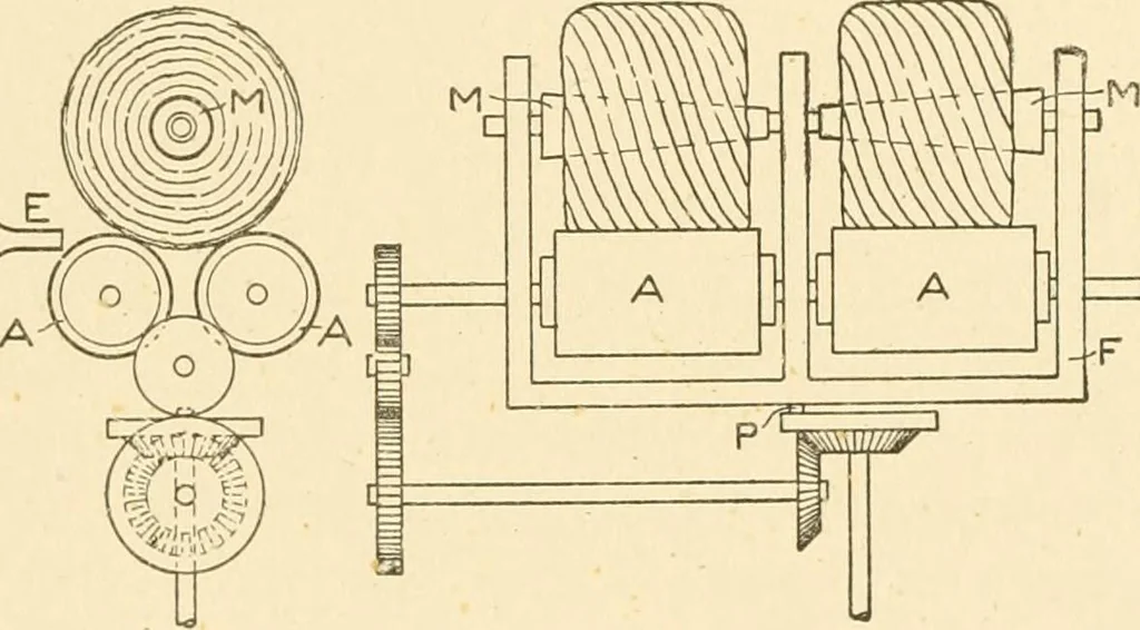 An illustration from Cyclopedia of textile work : a general reference library on cotton, woollen and worsted yarn manufacture, weaving, designing, chemistry and dyeing, finishing, knitting, and allied subjects, 1907, leaf 221