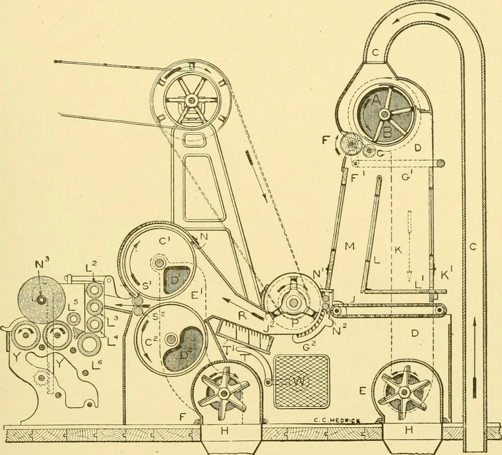 An illustration from Cyclopedia of textile work : a general reference library on cotton, woollen and worsted yarn manufacture, weaving, designing, chemistry and dyeing, finishing, knitting, and allied subjects, 1907, leaf 64