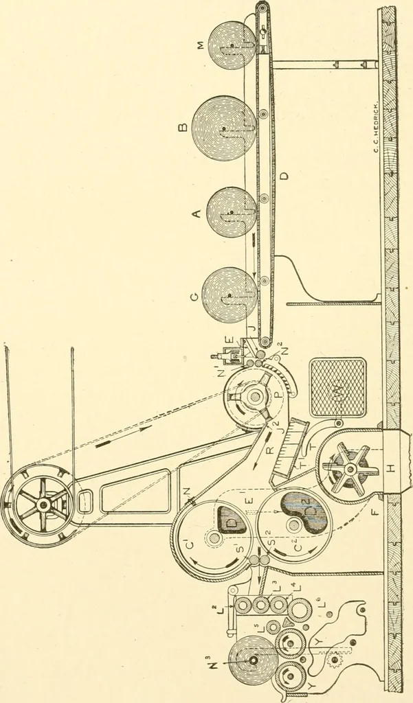 An illustration from Cyclopedia of textile work : a general reference library on cotton, woollen and worsted yarn manufacture, weaving, designing, chemistry and dyeing, finishing, knitting, and allied subjects, 1907, leaf 67