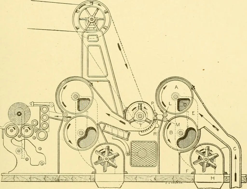 An illustration from Cyclopedia of textile work : a general reference library on cotton, woollen and worsted yarn manufacture, weaving, designing, chemistry and dyeing, finishing, knitting, and allied subjects, 1907, leaf 74