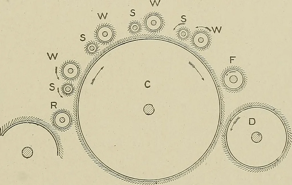 An illustration from Cyclopedia of textile work : a general reference library on cotton, woolen and worsted yarn manufacture, weaving, designing, chemistry and dyeing, finishing, knitting, and allied subjects, 1911, leaf 114