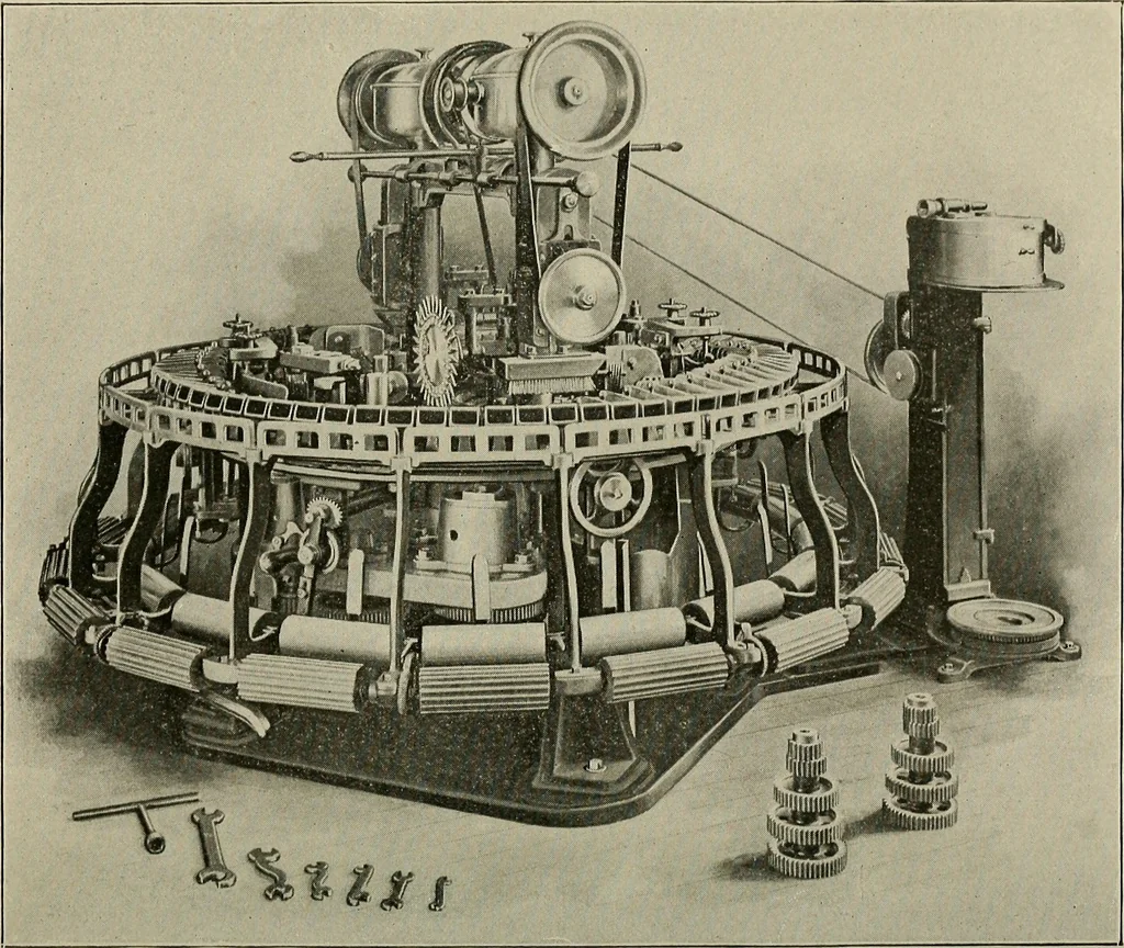 An illustration from Cyclopedia of textile work : a general reference library on cotton, woolen and worsted yarn manufacture, weaving, designing, chemistry and dyeing, finishing, knitting, and allied subjects, 1911, leaf 7
