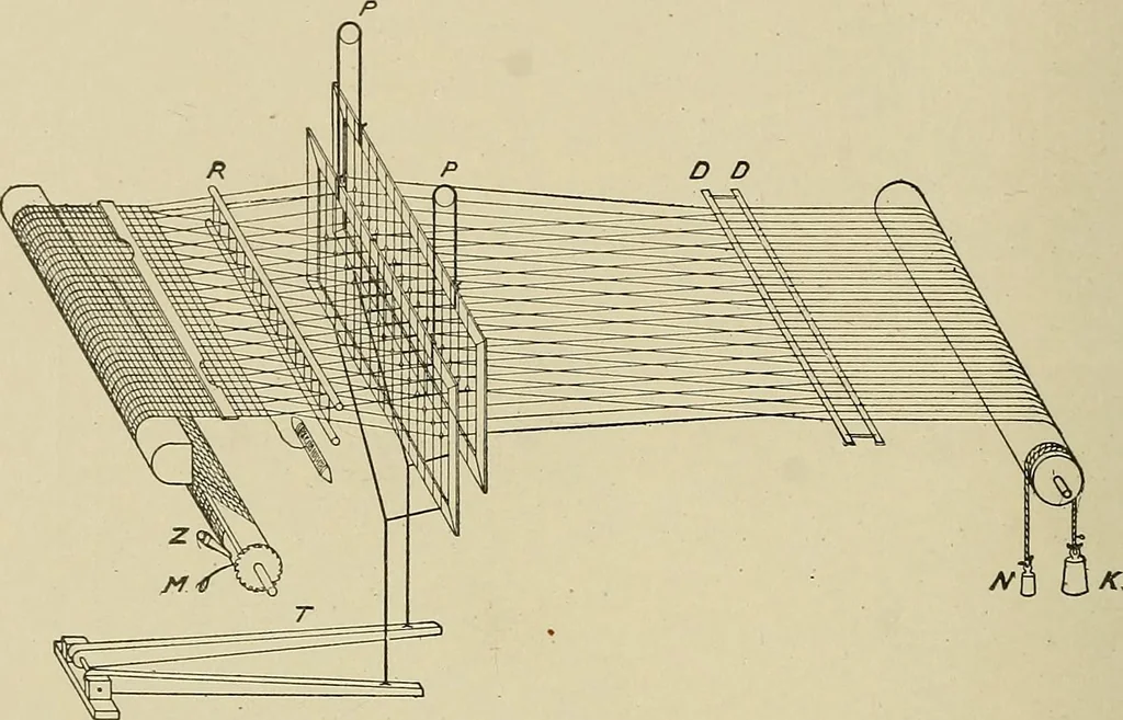 An illustration from Cyclopedia of textile work : a general reference library on cotton, woolen and worsted yarn manufacture, weaving, designing, chemistry and dyeing, finishing, knitting, and allied subjects, 1911, leaf 65