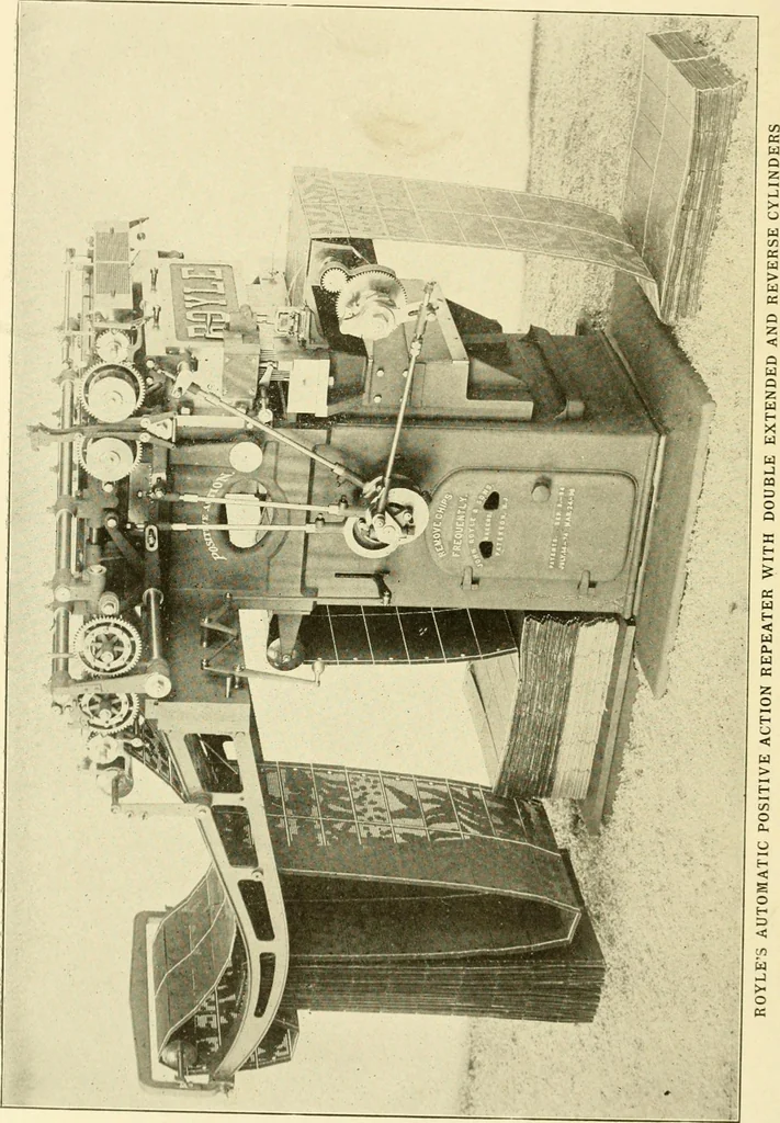An illustration from Cyclopedia of textile work : a general reference library on cotton, woollen and worsted yarn manufacture, weaving, designing, chemistry and dyeing, finishing, knitting, and allied subjects, 1907, leaf 18