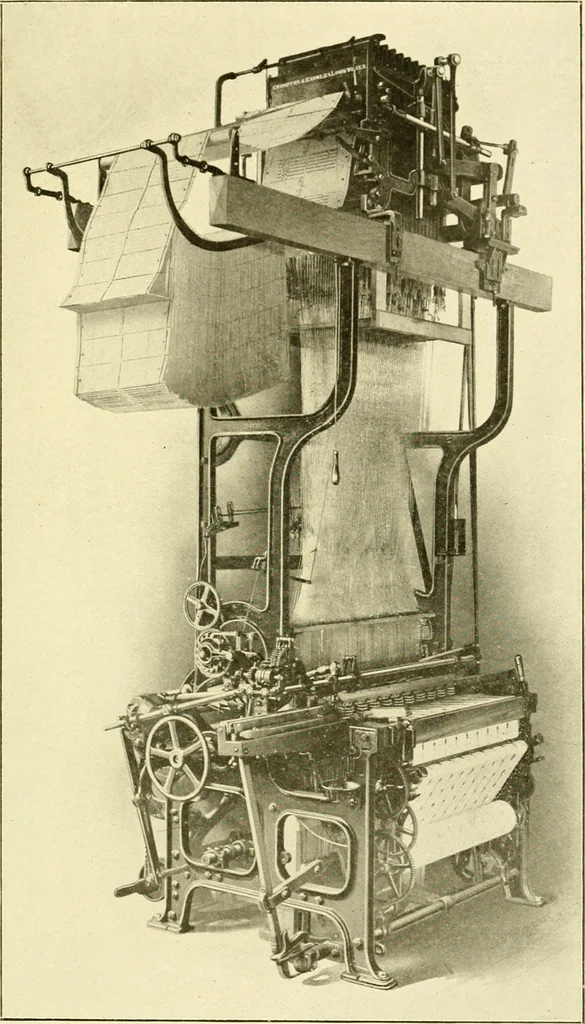 An illustration from Cyclopedia of textile work : a general reference library on cotton, woollen and worsted yarn manufacture, weaving, designing, chemistry and dyeing, finishing, knitting, and allied subjects, 1907, leaf 351