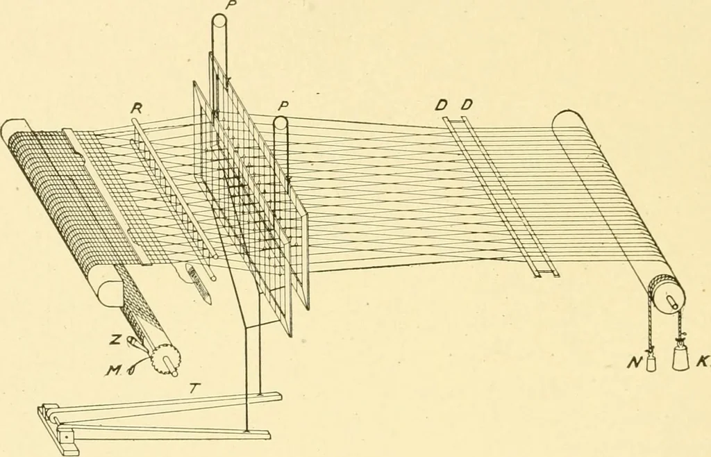 An illustration from Cyclopedia of textile work : a general reference library on cotton, woollen and worsted yarn manufacture, weaving, designing, chemistry and dyeing, finishing, knitting, and allied subjects, 1907, leaf 64