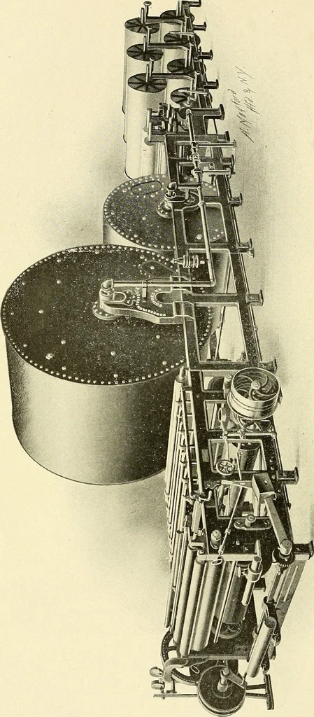 An illustration from Cyclopedia of textile work : a general reference library on cotton, woolen and worsted yarn manufacture, weaving, designing, chemistry and dyeing, finishing, knitting, and allied subjects, 1911, leaf 19