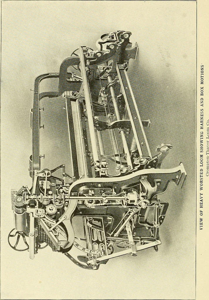 An illustration from Cyclopedia of textile work : a general reference library on cotton, woolen and worsted yarn manufacture, weaving, designing, chemistry and dyeing, finishing, knitting, and allied subjects, 1911, leaf 7
