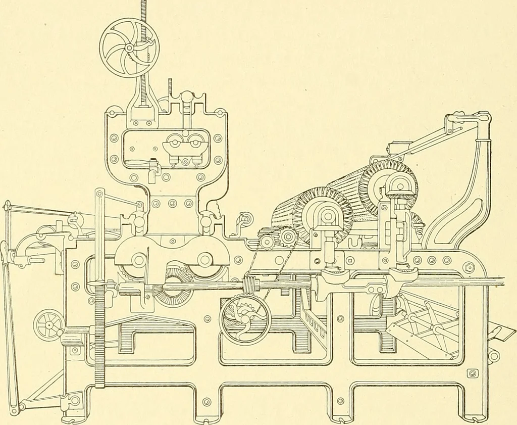 An illustration from Cyclopedia of textile work : a general reference library on cotton, woolen and worsted yarn manufacture, weaving, designing, chemistry and dyeing, finishing, knitting, and allied subjects, 1911, leaf 75