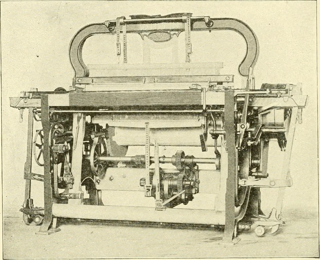 An illustration from Cyclopedia of textile work : a general reference library on cotton, woollen and worsted yarn manufacture, weaving, designing, chemistry and dyeing, finishing, knitting, and allied subjects, 1907, leaf 112