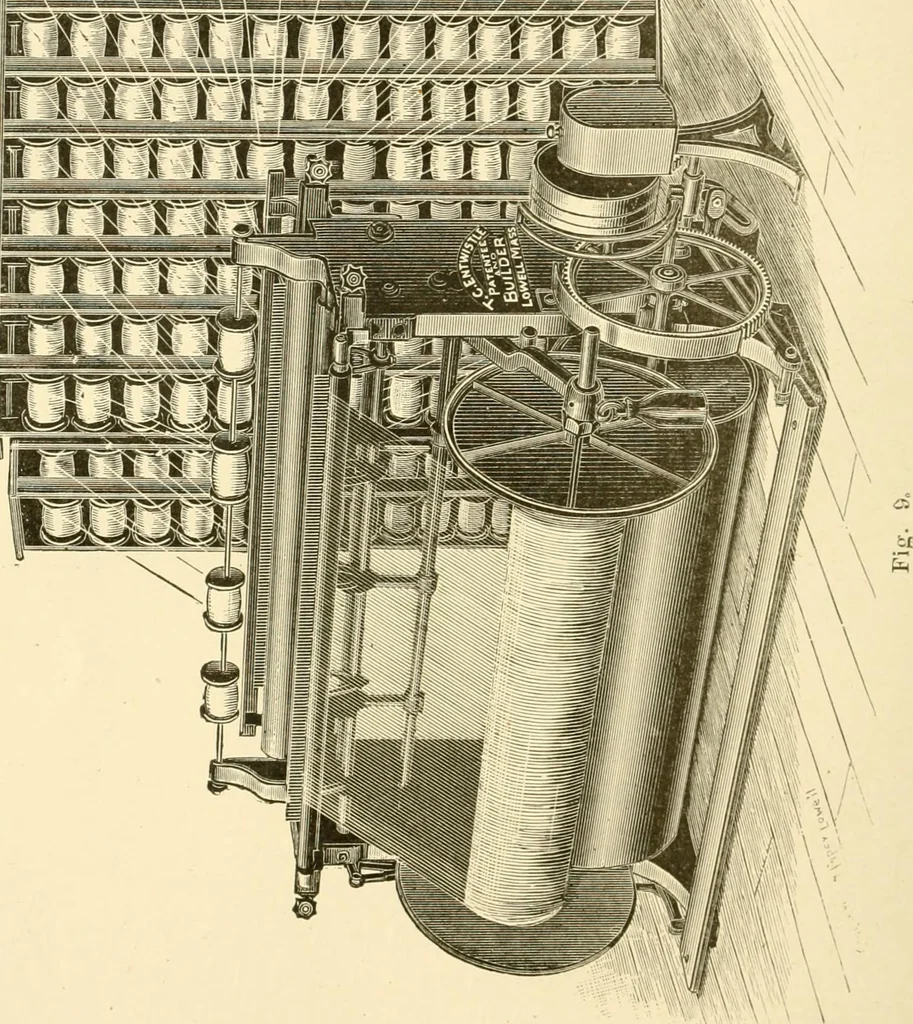 An illustration from Cyclopedia of textile work : a general reference library on cotton, woollen and worsted yarn manufacture, weaving, designing, chemistry and dyeing, finishing, knitting, and allied subjects, 1907, leaf 28