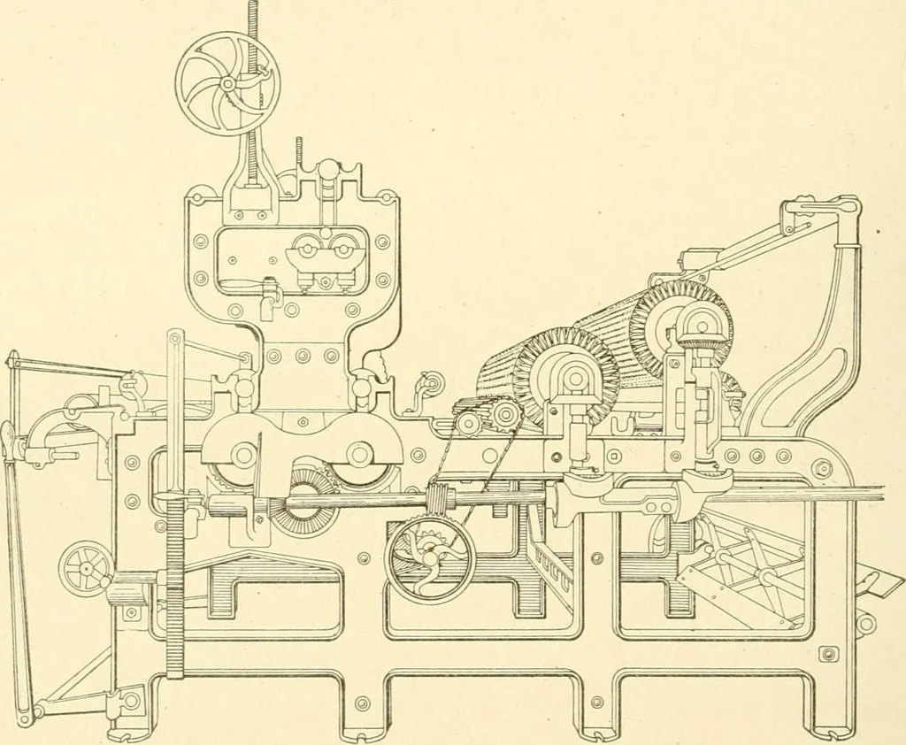 An illustration from Cyclopedia of textile work : a general reference library on cotton, woollen and worsted yarn manufacture, weaving, designing, chemistry and dyeing, finishing, knitting, and allied subjects, 1907, leaf 74