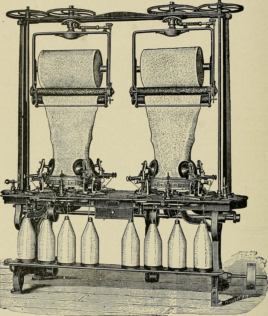 An illustration from Cyclopedia of textile work : a general reference library on cotton, woolen and worsted yarn manufacture, weaving, designing, chemistry and dyeing, finishing, knitting, and allied subjects, 1911, leaf 97