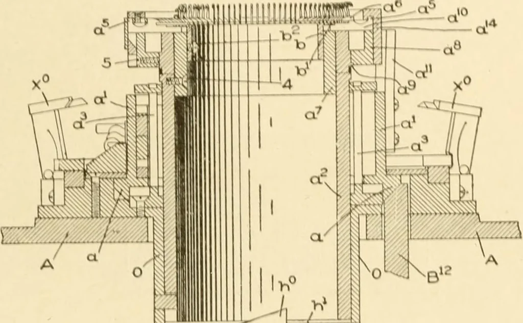 An illustration from Cyclopedia of textile work : a general reference library on cotton, woollen and worsted yarn manufacture, weaving, designing, chemistry and dyeing, finishing, knitting, and allied subjects, 1907, leaf 261