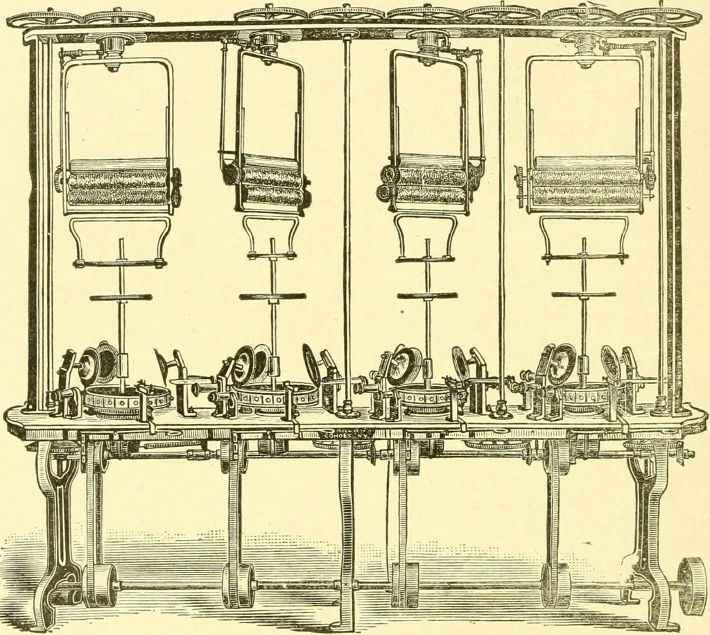 An illustration from Cyclopedia of textile work : a general reference library on cotton, woollen and worsted yarn manufacture, weaving, designing, chemistry and dyeing, finishing, knitting, and allied subjects, 1907, leaf 98
