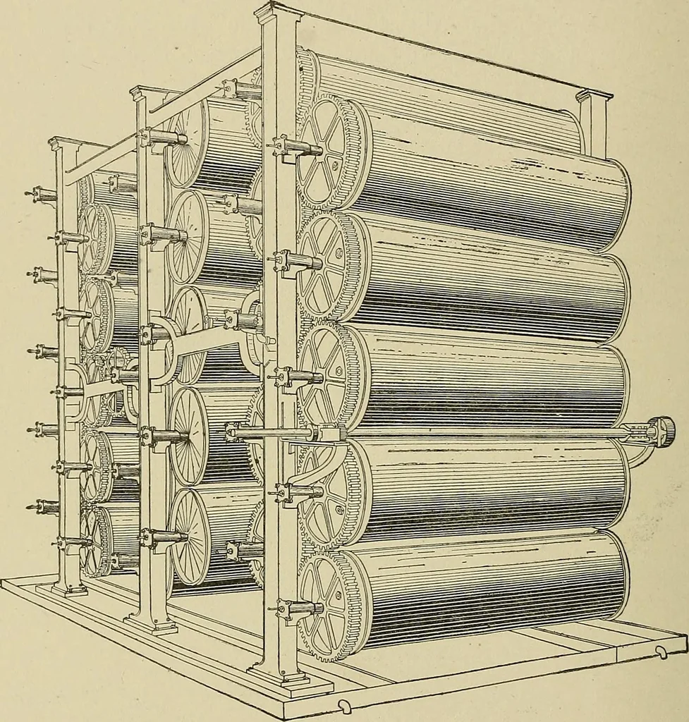 An illustration from Cyclopedia of textile work : a general reference library on cotton, woolen and worsted yarn manufacture, weaving, designing, chemistry and dyeing, finishing, knitting, and allied subjects, 1911, leaf 124