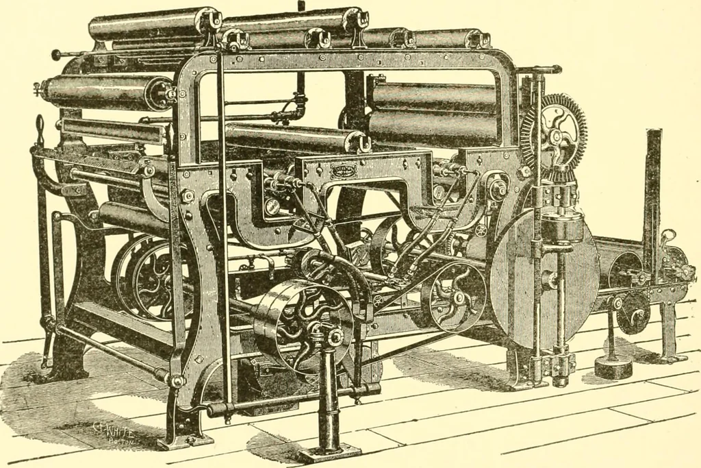 An illustration from Cyclopedia of textile work : a general reference library on cotton, woollen and worsted yarn manufacture, weaving, designing, chemistry and dyeing, finishing, knitting, and allied subjects, 1907, leaf 76