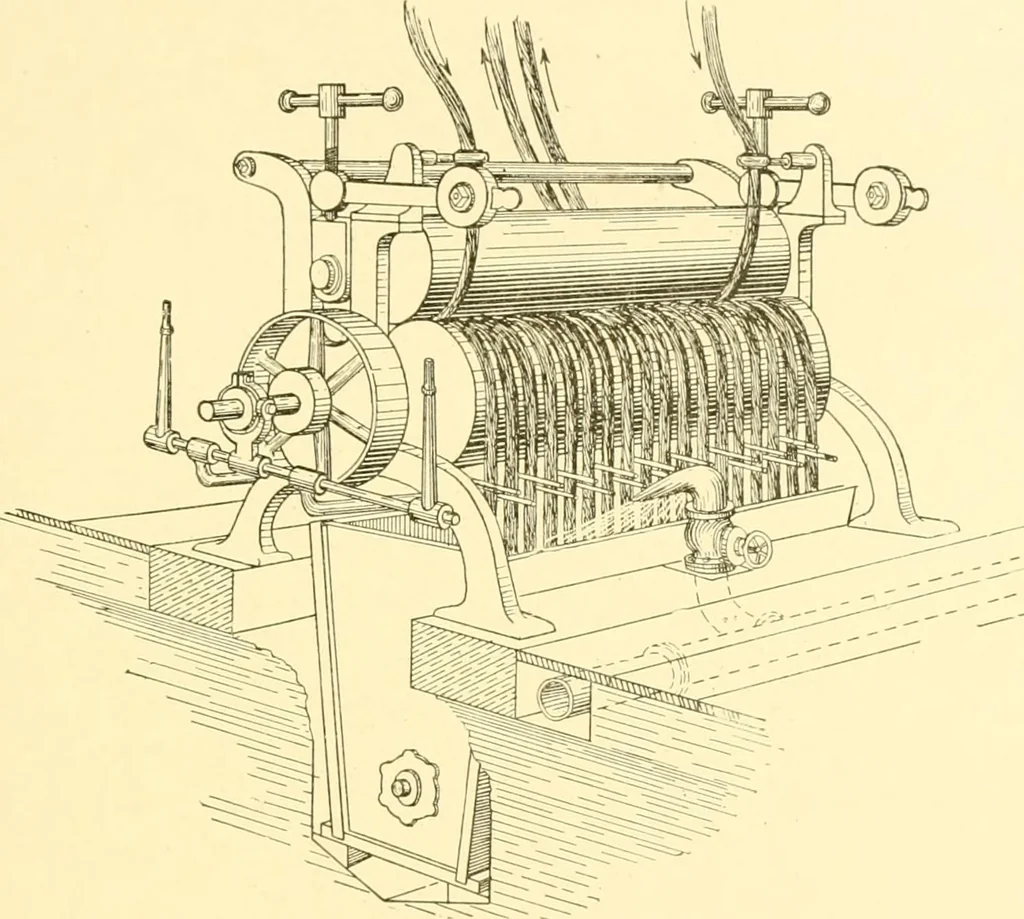 An illustration from Cyclopedia of textile work : a general reference library on cotton, woollen and worsted yarn manufacture, weaving, designing, chemistry and dyeing, finishing, knitting, and allied subjects, 1907, leaf 85