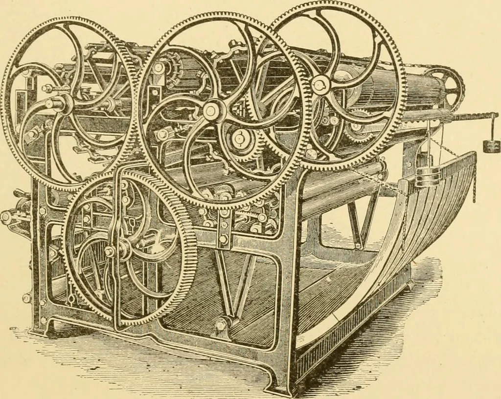 An illustration from Cyclopedia of textile work : a general reference library on cotton, woollen and worsted yarn manufacture, weaving, designing, chemistry and dyeing, finishing, knitting, and allied subjects, 1907, leaf 100
