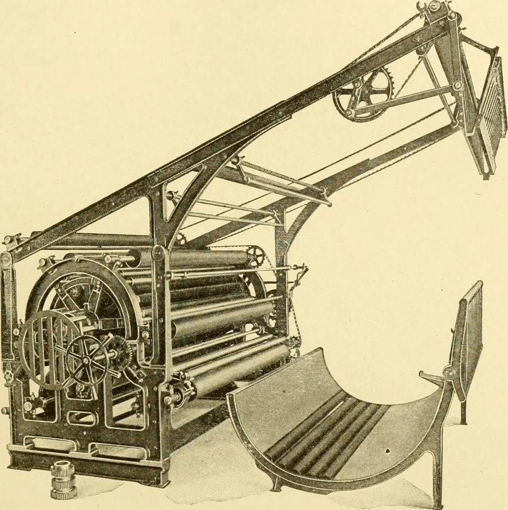 An illustration from Cyclopedia of textile work : a general reference library on cotton, woollen and worsted yarn manufacture, weaving, designing, chemistry and dyeing, finishing, knitting, and allied subjects, 1907, leaf 112