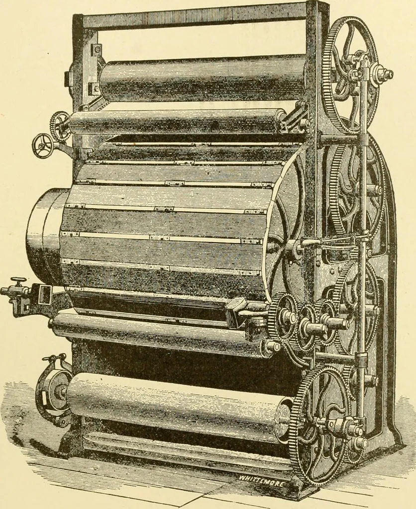 An illustration from Cyclopedia of textile work : a general reference library on cotton, woollen and worsted yarn manufacture, weaving, designing, chemistry and dyeing, finishing, knitting, and allied subjects, 1907, leaf 114