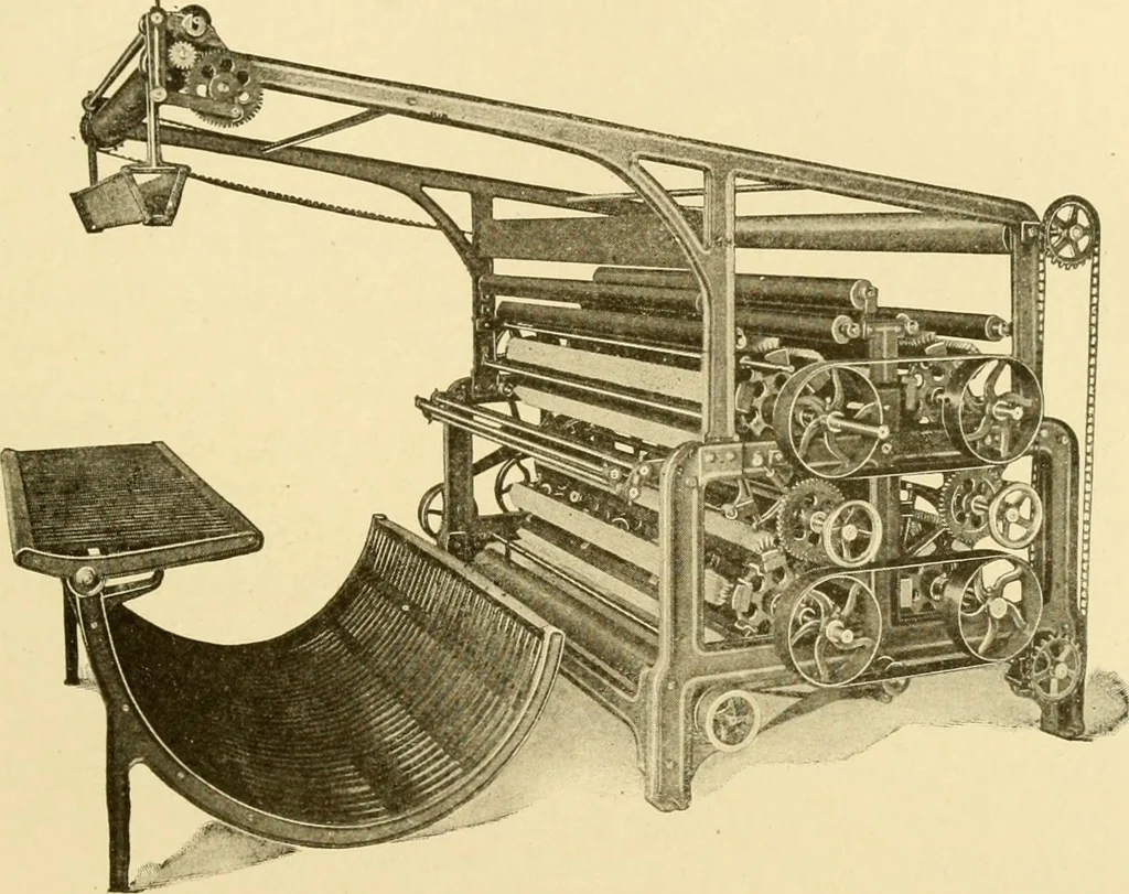 An illustration from Cyclopedia of textile work : a general reference library on cotton, woollen and worsted yarn manufacture, weaving, designing, chemistry and dyeing, finishing, knitting, and allied subjects, 1907, leaf 256