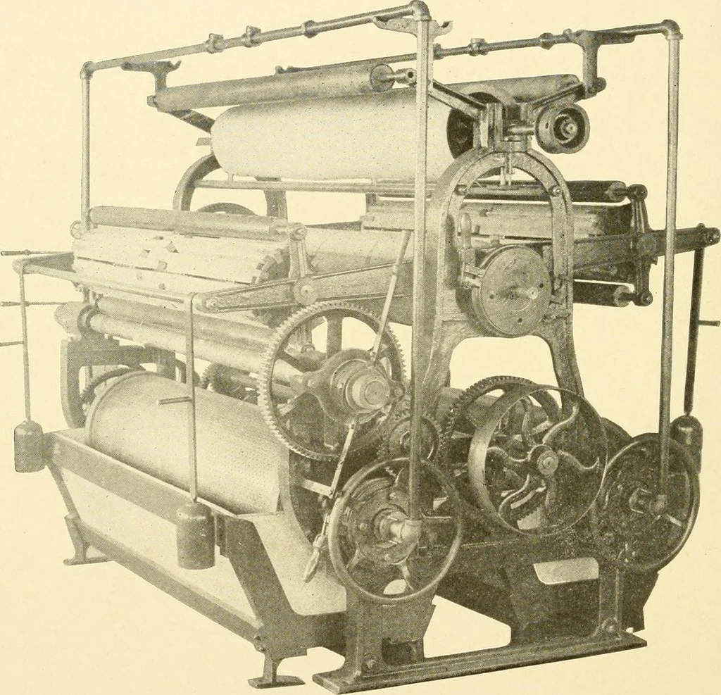 An illustration from Cyclopedia of textile work : a general reference library on cotton, woollen and worsted yarn manufacture, weaving, designing, chemistry and dyeing, finishing, knitting, and allied subjects, 1907, leaf 7